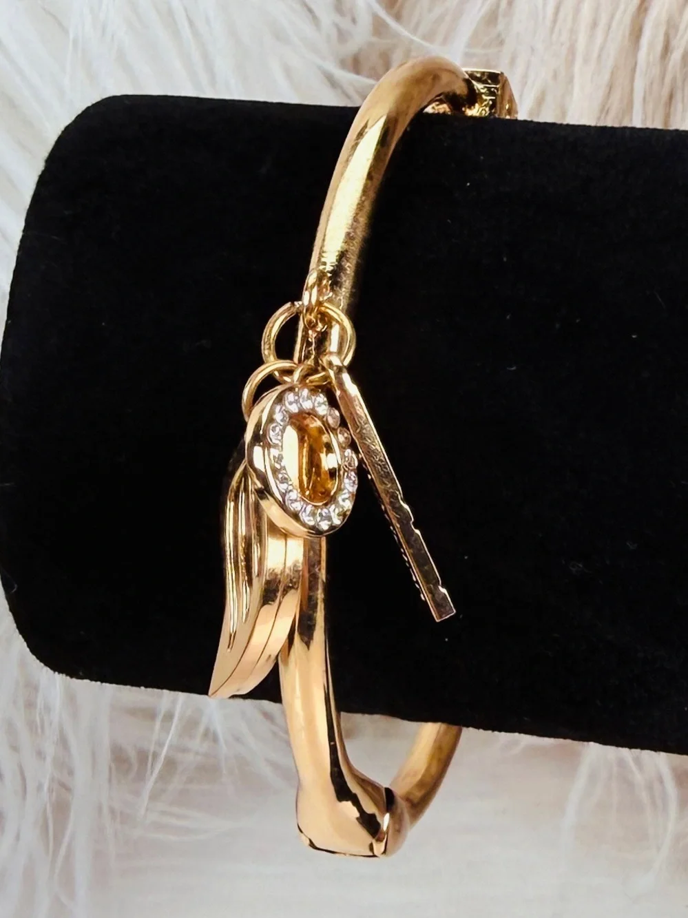 Goldtone Guardian Angle Wings Charm Circle Bangle Hinged Bracelet